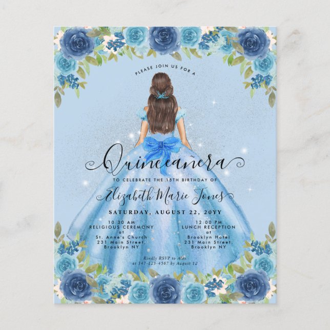 Bilap Floral Dusty Blue Gray Prinzessin Quinceaner Flyer (Vorne)