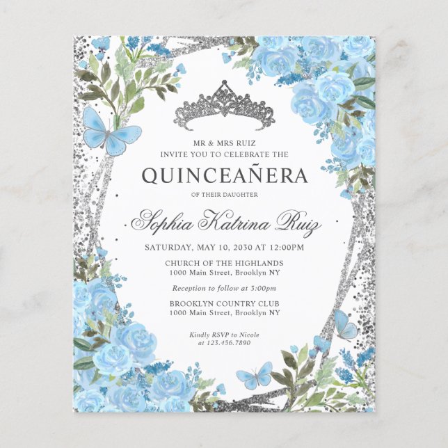 Bilap Floral Dusty Blue Silver Quinceañera Einladu Flyer (Vorne)