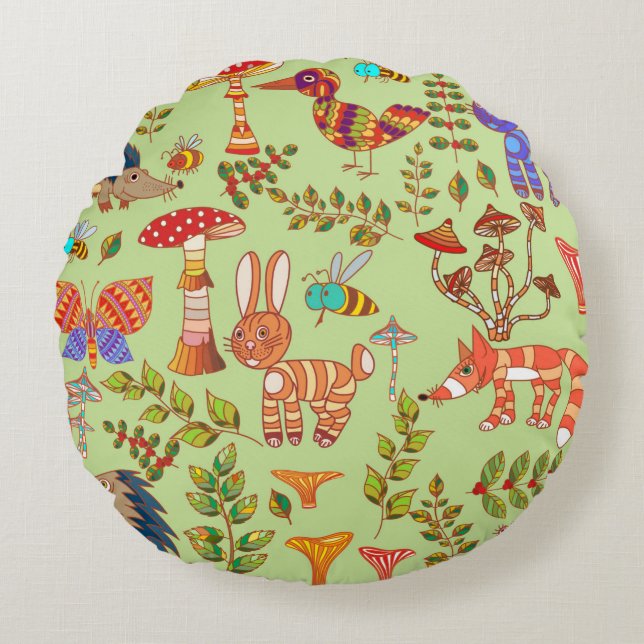 Bild des Waldlebens. Flora und Fauna. Vinta Rundes Kissen (Vorderseite)