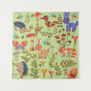 Bild des Waldlebens. Flora und Fauna. Vinta Wandteppich