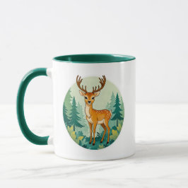 Bild eines Hirschs unter den Tannen. Tasse