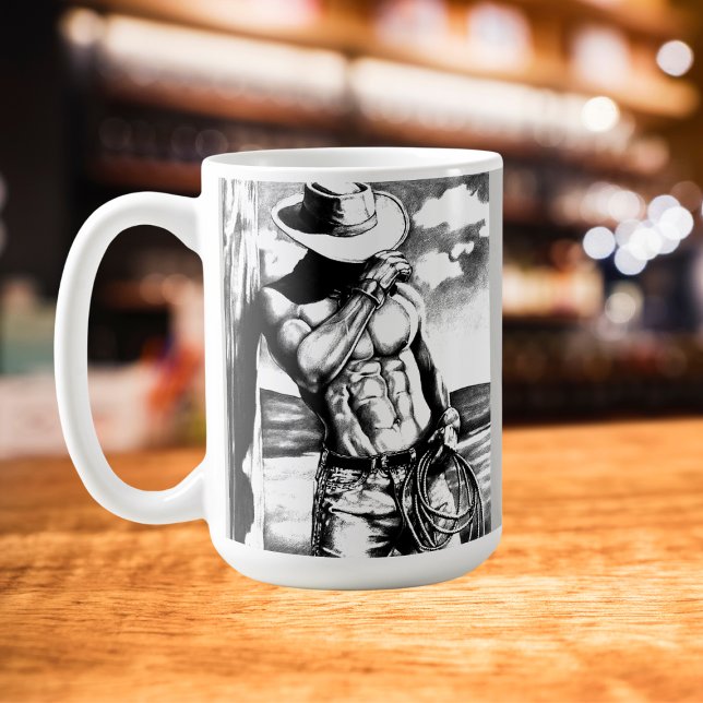 Bildende Kunst, Cooler Cowboy-Charcosketch Kaffeetasse (The handsome cowboy coffee mug fits with all kinds of settings.)