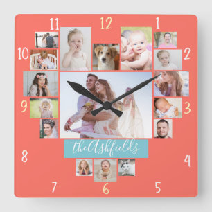 Bilder des Familien-Foto-Collagen-Herz-17 nennen Quadratische Wanduhr