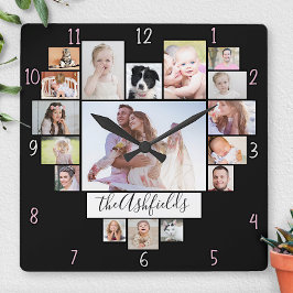 Bilder des Familien-Foto-Collagen-Herz-17 nennen Quadratische Wanduhr