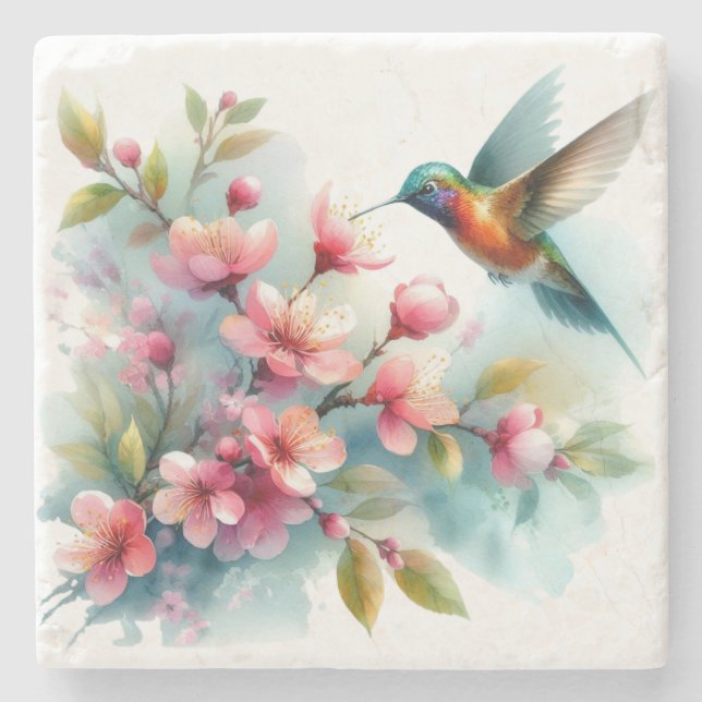 Bilder von Floral/Frühjahr-Kolibris Steinuntersetzer (Vorderseite)