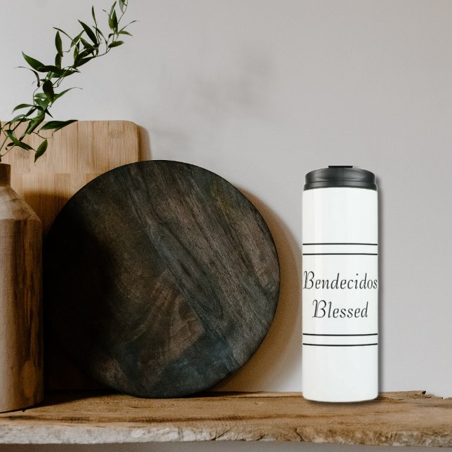 Bilingual Black & White Spanish Bendecido gesegnet Thermosbecher (White Bilingual Blessed Bendecidos Thermal Tumbler. Multilingual Project.)