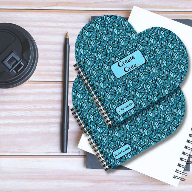 Bilingual Blue Blätter Crea Spanish Spiral Notizbuch (Blue Turquoise Leaves Create crea" Spiral Notebook bilingual text & custom name multilingual project)