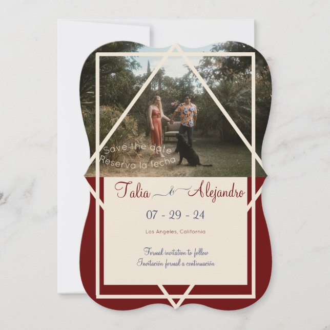 Bilingual Burgundy Wedding Save the Date (Vorderseite)
