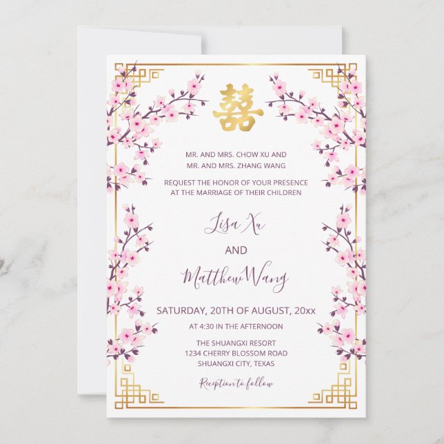 BILINGUAL Cherry Blossom Chinesische Hochzeit Einladung (Vorderseite)