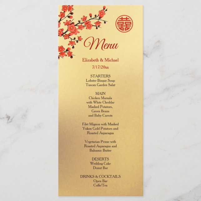 BILINGUAL Cherry Blossom Chinesische Hochzeit Menükarte (Vorderseite)