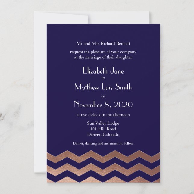 Bilingual Chic Rose Gold Zickzack Hochzeit Einladu Einladung (Vorderseite)
