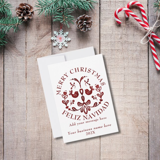 Bilingual Christmas Spanish Burgundy Birds Dankeskarte (Small business thank you bilingual Spanish text, custom, logo, company name. Multilingual Project)