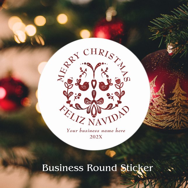 Bilingual Christmas Spanish Burgundy Birds Runder Aufkleber (Round sticker Christmas Spanish small business, custom business name & text. Multilingual Project)