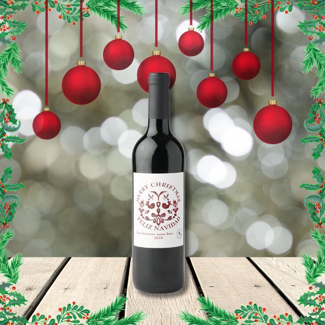 Bilingual Christmas Spanish Burgundy Birds Weinetikett (christmas Spanish bilignual text, Wine bottle label, custom logo, business name & text multilingual)