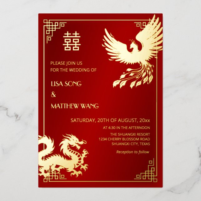 BILINGUAL Dragon And Phoenix  | Chinese Wedding Folieneinladung (Vorderseite)