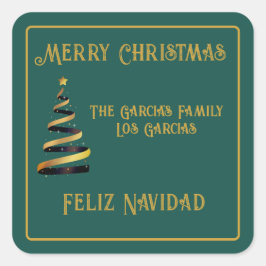 Bilingual Feliz Navidad Christmas Green Golden Quadratischer Aufkleber