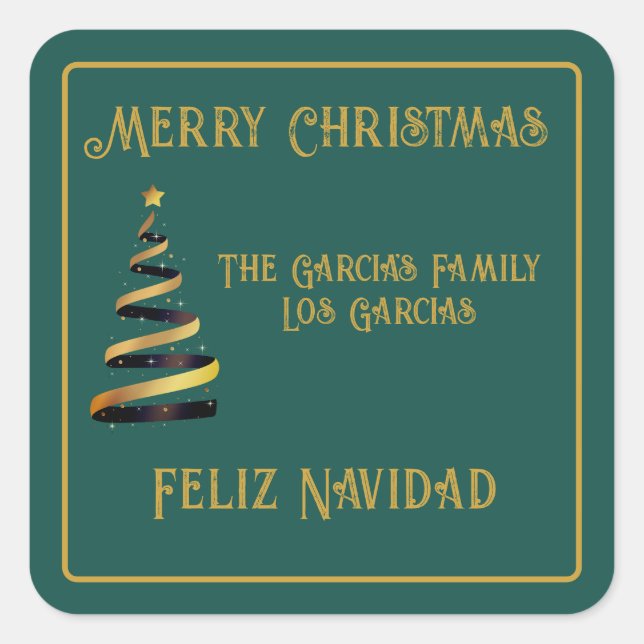Bilingual Feliz Navidad Christmas Green Golden Quadratischer Aufkleber (Vorderseite)