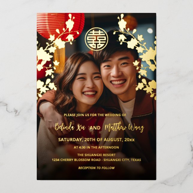 BILINGUAL Foto Red Gold Chinesisch Hochzeit Folieneinladung (Vorderseite)
