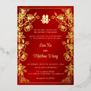 BILINGUAL Gold Frame Red Chinese Wedding Folieneinladung