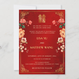 BILINGUAL Goldrahmen Rote Chinesische Hochzeit Einladung
