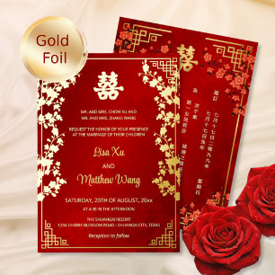 BILINGUAL Goldrahmen Rote chinesische Hochzeit Folieneinladung