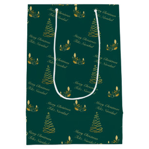 Bilingual Green and Golden Christmas Mittlere Geschenktüte