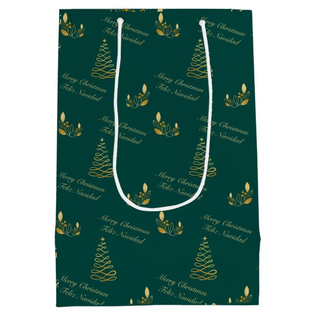 Bilingual Green and Golden Christmas Mittlere Geschenktüte (Rückseite)