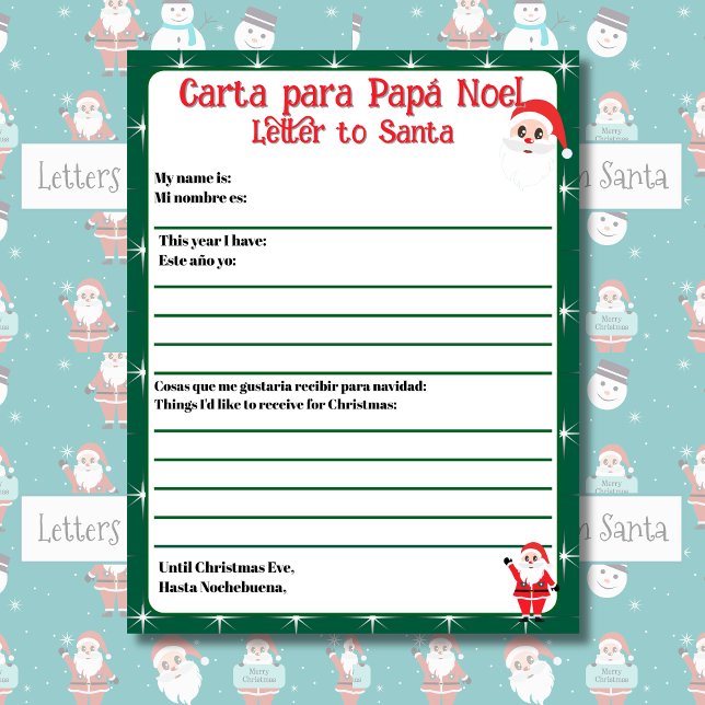 Bilingual Green Editable Letter to Santa Spanish (Bilingual letter to Santa, editable text & child's name. Customizable. Multilingual Projet)