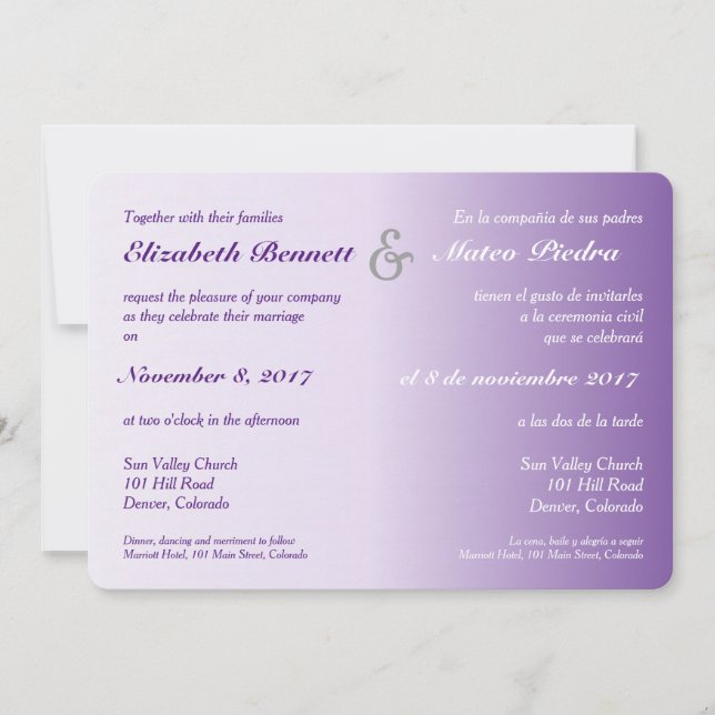 Bilingual Lila Ombre Wedding Einladung (Vorderseite)