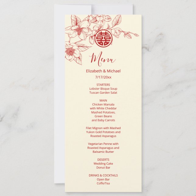 BILINGUAL Magnolia Chinese Wedding Menu Card Einladung (Vorderseite)