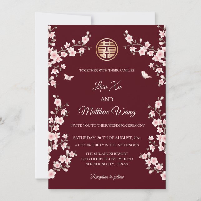 BILINGUAL | Maroon Cherry Blossom Chinese Wedding Einladung (Vorderseite)