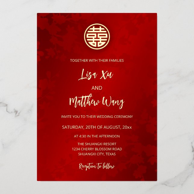 BILINGUAL | Moderne Hochzeit in Rot-China Folieneinladung (Vorderseite)