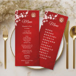 BILINGUAL Pink Red Chinese Wedding Menu Card Einladung<br><div class="desc">Rosa Kirschblüten und ein goldenes doppeltes Glückssymbol auf einem glänzenden roten Hintergrund. Mit eigenen Braut- und Bräutigamen,  dem Hochzeitstermin und einem eigenen Menütext. Auf der Rückseite ist ein benutzerdefinierter chinesischer Text.</div>