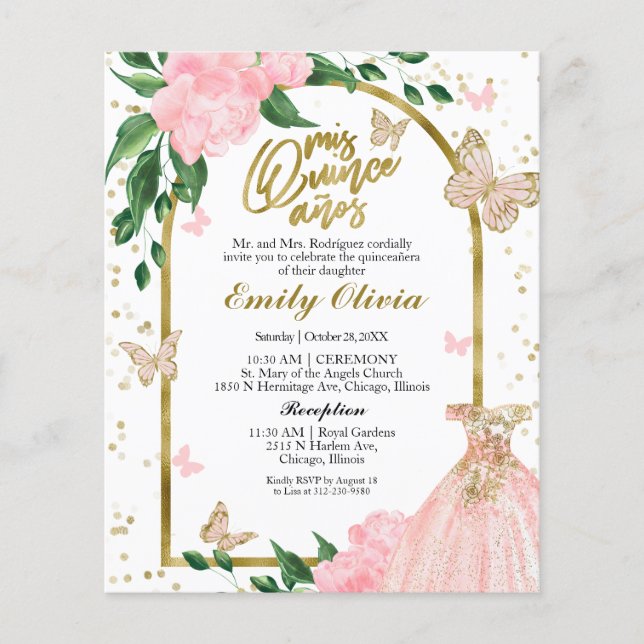 Bilingual Quinceanera Butterflys Budget Einladung (Vorderseite)