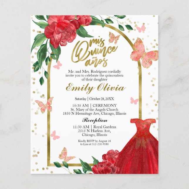 Bilingual Quinceanera Butterflys Budget Einladung (Vorderseite)