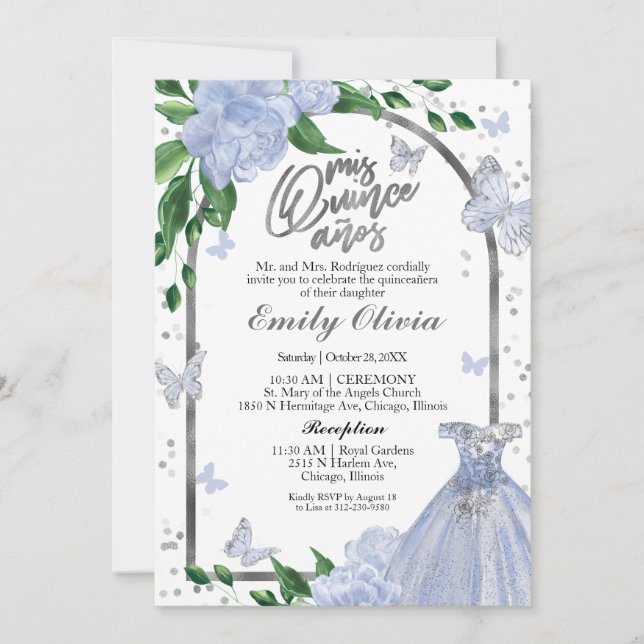 Bilingual Quinceanera Butterflys Dusty Blue Gown Einladung (Vorderseite)