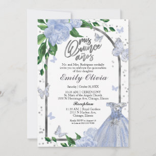 Bilingual Quinceanera Butterflys Dusty Blue Gown Einladung