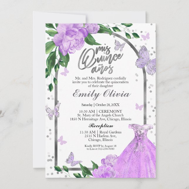 Bilingual Quinceanera Butterflys Lavender Gown Einladung (Vorderseite)