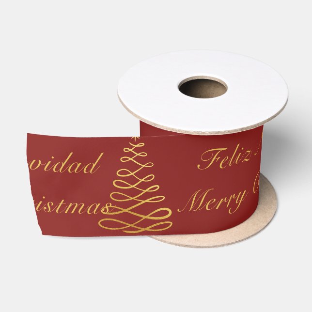 Bilingual Red and Golden Christmas Tree Satinband (Spule)