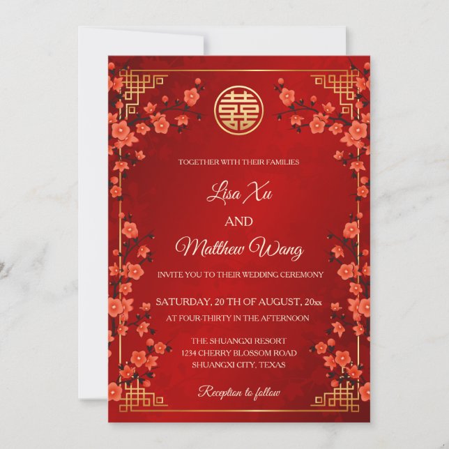 BILINGUAL Red Cherry Blossom | Chinesische Hochzei Einladung (Vorderseite)