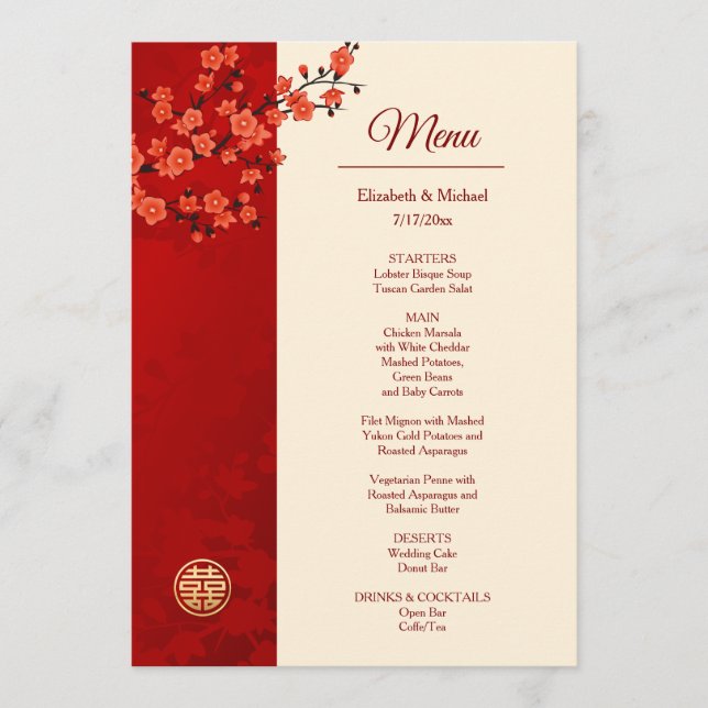 BILINGUAL Red Cherry Blossom Chinesische Hochzeit Menükarte (Vorderseite)