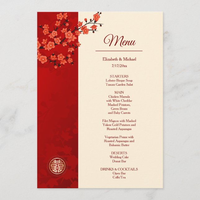 BILINGUAL Red Cherry Blossom Chinesische Hochzeit Menükarte (Vorderseite)