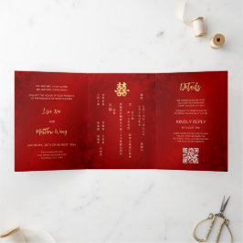 BILINGUAL Red Gold Chinesisch Hochzeit Dreifach Gefaltete Einladung