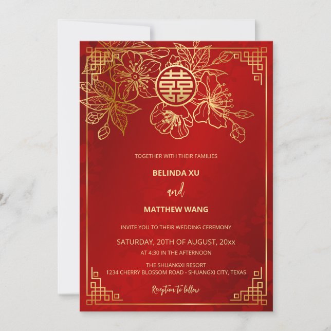 BILINGUAL Red Gold Chinesisch Hochzeit Einladung (Vorderseite)