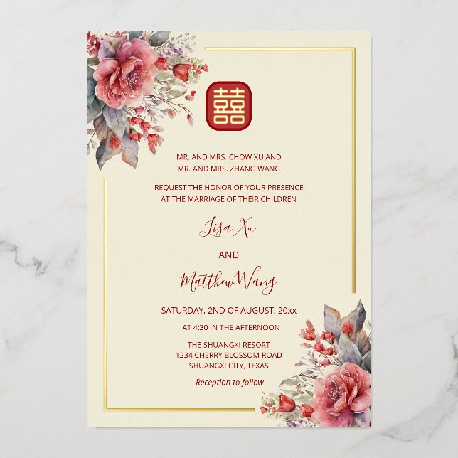 BILINGUAL | Rose Chinesische Hochzeit Folieneinladung (Vorderseite)