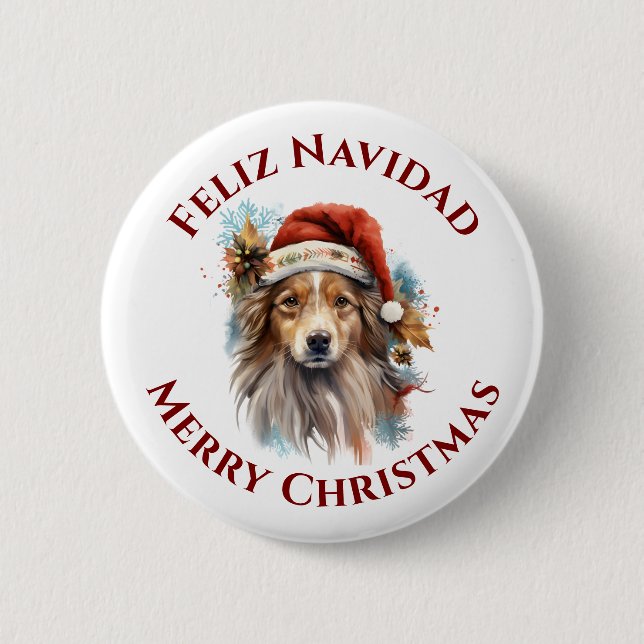 Bilingual Santa Dog Feliz Navidad Frohe Weihnachte Button (Vorderseite)