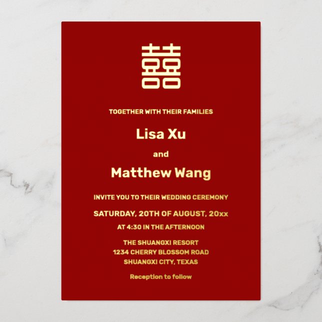 BILINGUAL Simple Red Gold Chinese Wedding Folieneinladung (Vorderseite)