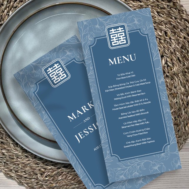 Bilingual Vietnamese Grayish Blue Song Hy Wedding Menükarte (Von Creator hochgeladen)