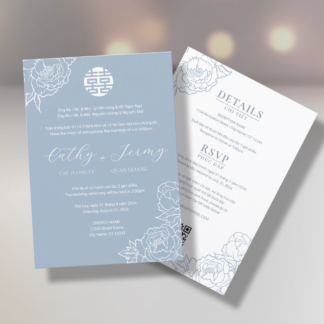 Bilingual Vietnamese Peony Song Hy Dusty Blue Einladung (Von Creator hochgeladen)