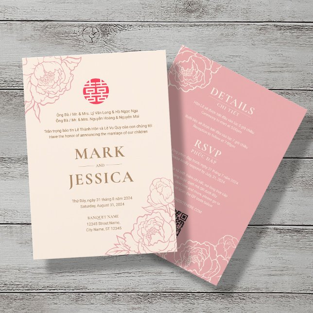 Bilingual Vietnamese Peony Song Hy Wedding Einladung (FRONT & BACK)
